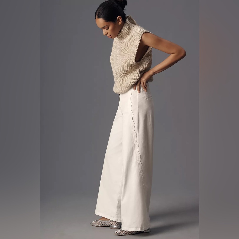 NWT Size 34 (Waist 20.5") - Anthro Cotton Scallop Wide-Leg Pants (NWT US$148)